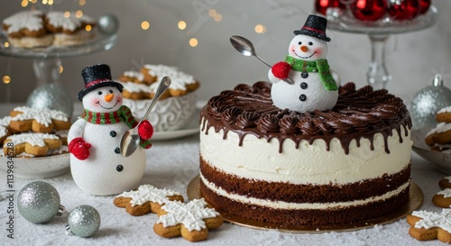 Snowman in a Traditional Christmas cake with fruits and nuts on a light table and light background. Dessert for the winter holidays. Christmas decorations and lights