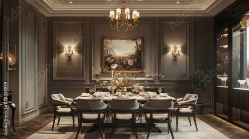 A luxurious dining room with a large wooden table, eight chairs, a chandelier, and a painting on the wall.