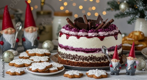 Gnome sitting on a Cake, Traditional Christmas cake with fruits and nuts on a light table and light background. Dessert for the winter holidays. Christmas decorations and lights