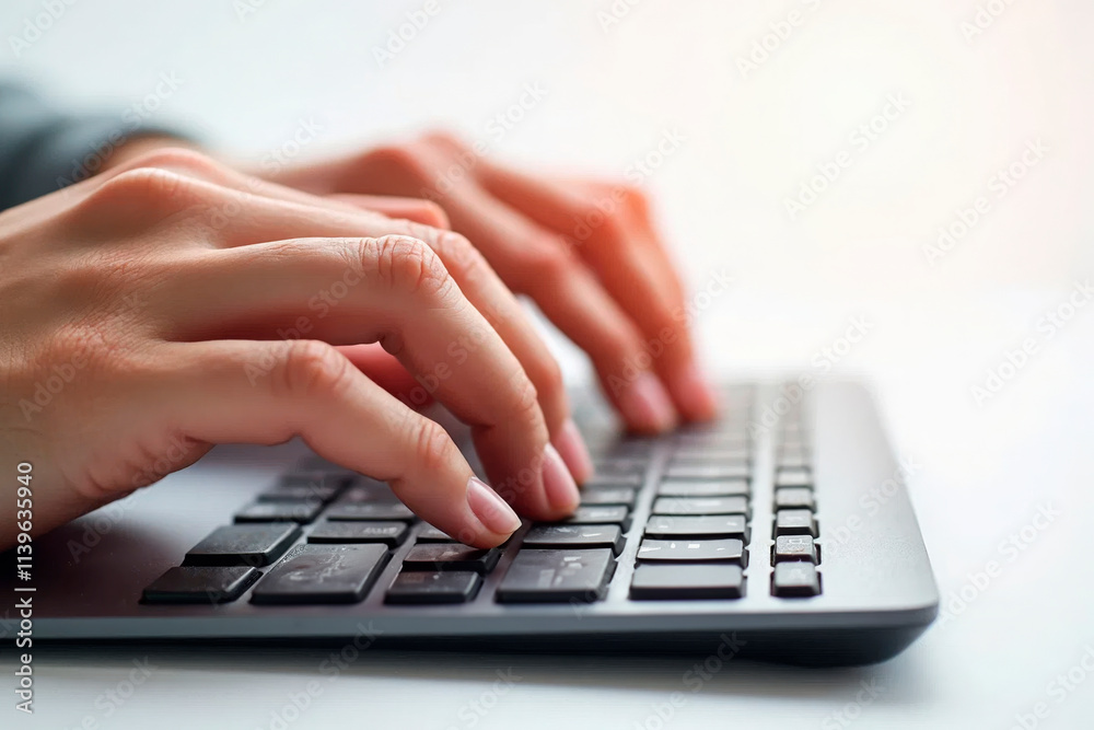 Close-up of hands typing on a modern computer keyboard, symbolizing work, communication, and technology. Ideal for business, remote work, freelancing, digital communication, or online learning concept Close-up of hands typing on a modern computer keyboard, symbolizing work, communication, and technology. Ideal for business, remote work, freelancing, digital communication, or online learning concept