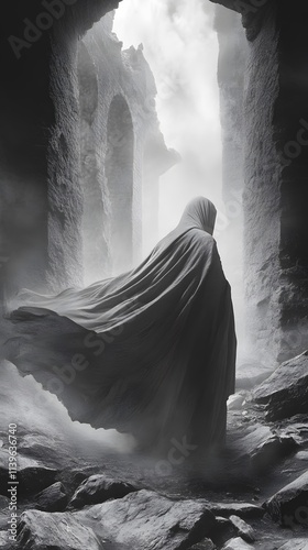 39. A ghostly figure with a flowing cloak, wandering through an ancient castle