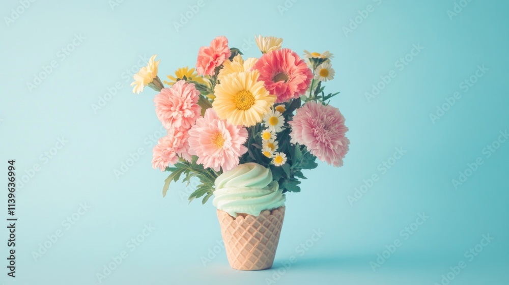 Obraz premium Pastel flowers in ice cream cone on blue.