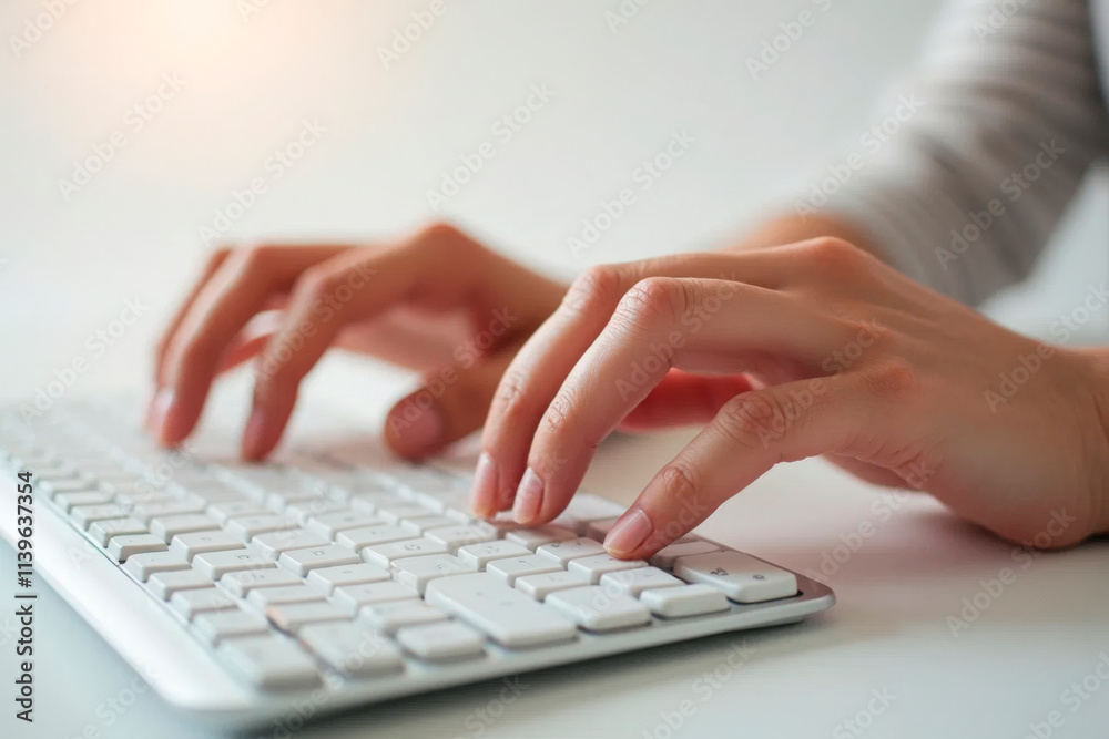 Hands typing on a white computer keyboard, symbolizing technology, remote work, communication, and online business. Ideal for office, freelancing, education, or digital marketing concepts. Hands typing on a white computer keyboard, symbolizing technology, remote work, communication, and online business. Ideal for office, freelancing, education, or digital marketing concepts.