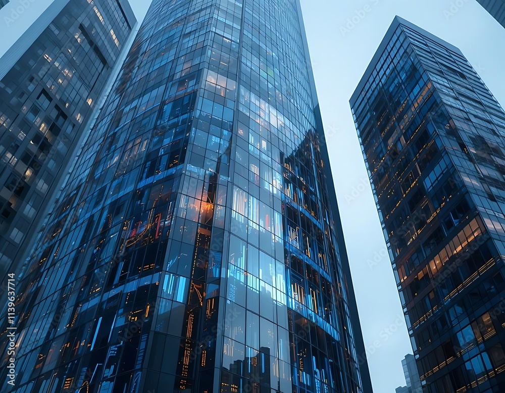 Fototapeta premium A digital skyscraper with charts and graphs reflecting on its surface