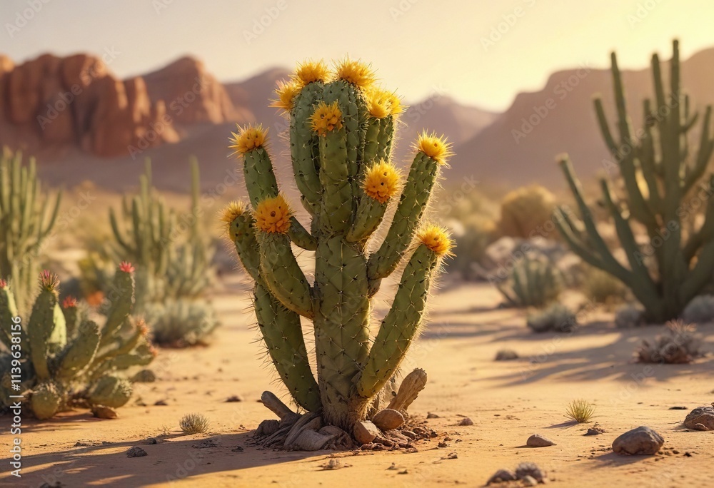 Prickly Cactus plant in a warm desert landscape on yellow background, succulent plant, succulent garden, cacti family Prickly Cactus plant in a warm desert landscape on yellow background, succulent plant, succulent garden, cacti family