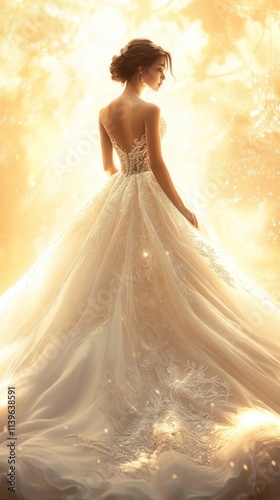 A stunning wedding dress banner with a dramatic ball gown featuring intricate beading and a voluminous skirt, set against a warm, soft background with glowing accents.