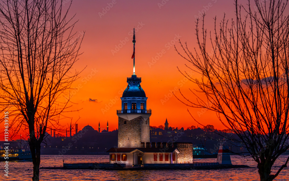 Maiden's Tower, one of the icons of Istanbul, in the evening