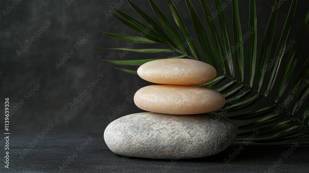 Three smooth stones stacked with a palm leaf, creating a serene and calming atmosphere. Three smooth stones stacked with a palm leaf, creating a serene and calming atmosphere.