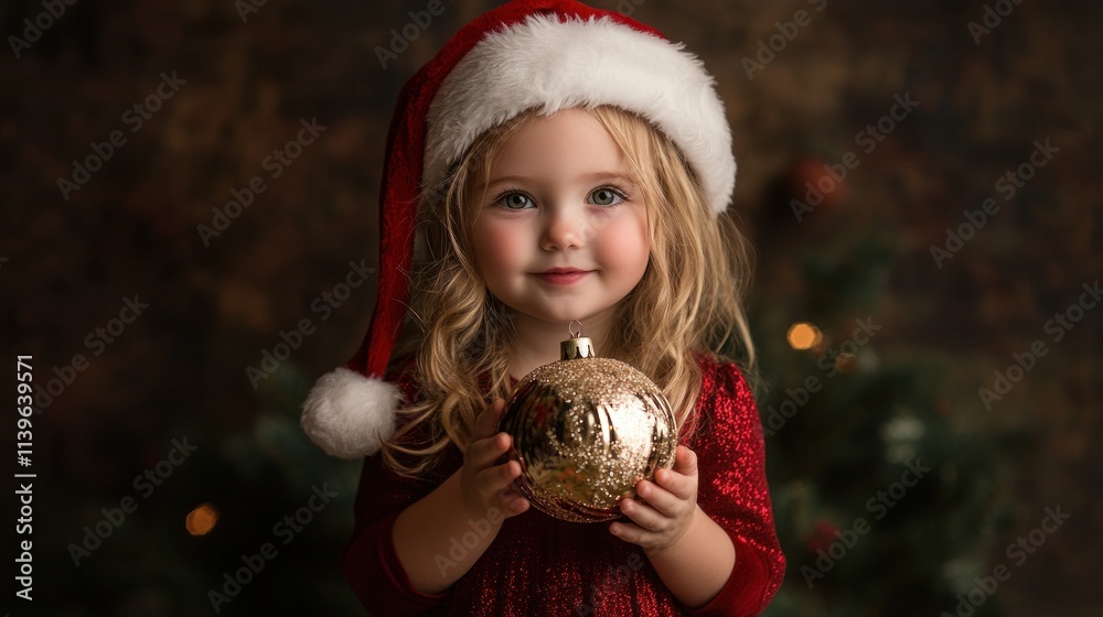Naklejka premium A sweet little girl in a festive Santa Claus dress and hat, holding a shiny Christmas ornament, filled with holiday joy.