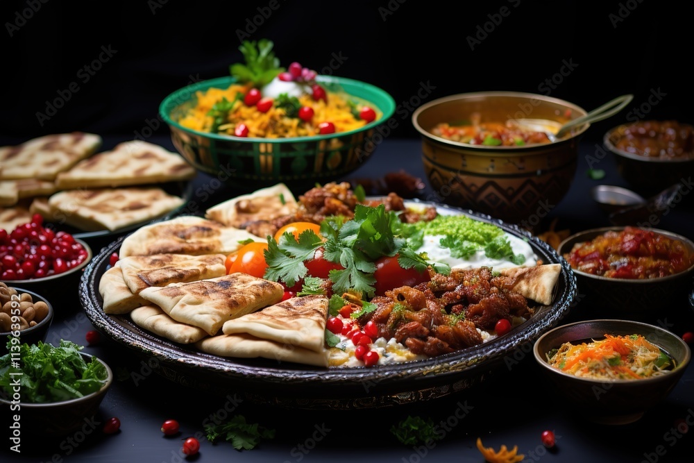 A tray of food with a variety of dishes including a bowl of soup A tray of food with a variety of dishes including a bowl of soup