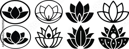 Print  Set of lotus flowers vector icons. Relax, calm and harmony symbol. Black line icons.