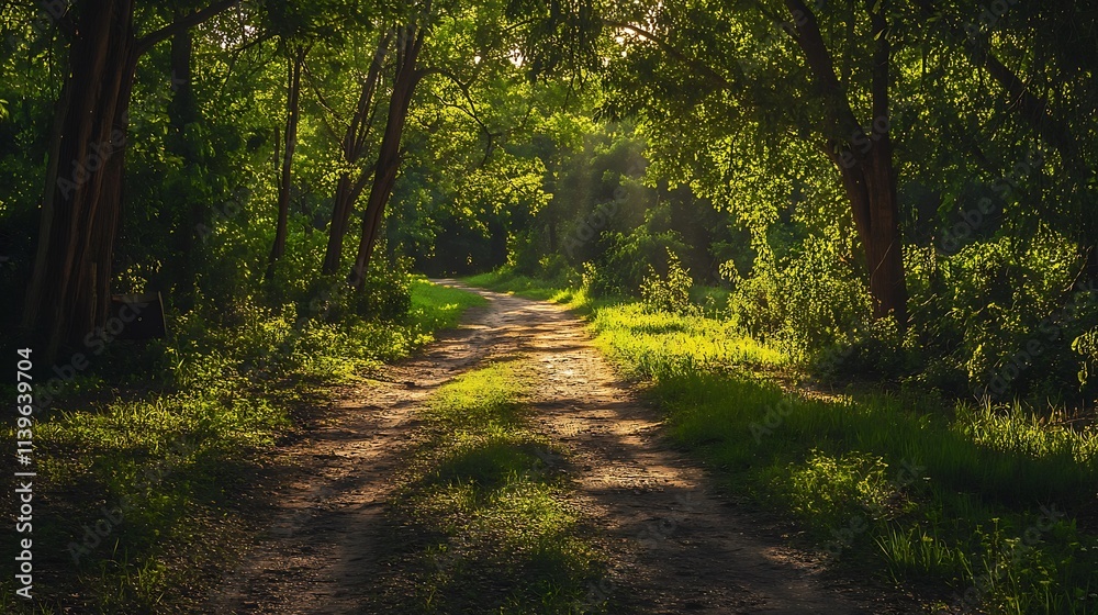 Obraz premium Sunlight Path Through Lush Forest. Nature, Tranquility, Wilderness.