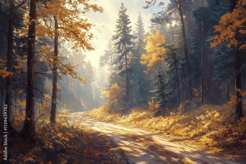 Vibrant foliage lining a peaceful forest path in animated art. Vibrant foliage lining a peaceful forest path in animated art.