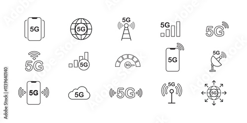5G Internet connection icon set. 5G technology icons set. Outline set of 5G technology vector icons for web design isolated on white background