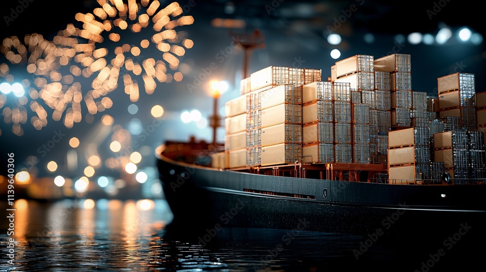 Delivery freight package New Year concept. A cargo ship loaded with containers is docked near a waterfront, illuminated by colorful fireworks in the night sky. Delivery freight package New Year concept. A cargo ship loaded with containers is docked near a waterfront, illuminated by colorful fireworks in the night sky.