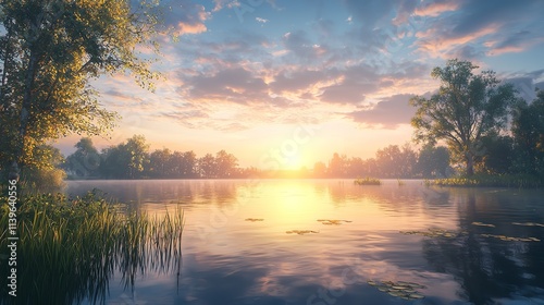Panorama of beautiful sunrise over lake 16k resolution.