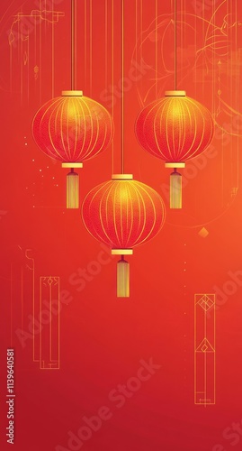 Three Red Chinese Lanterns Hanging Against Red Background