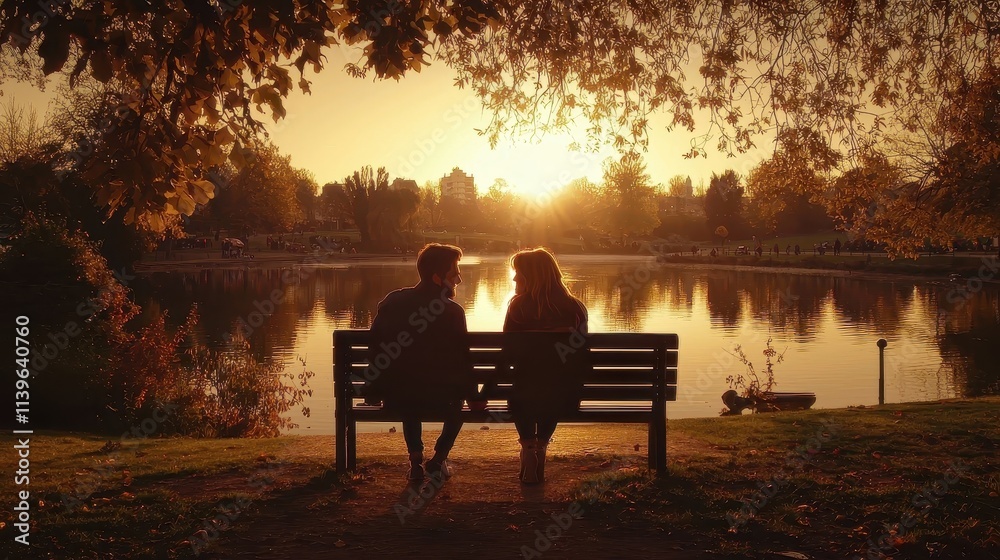A man and woman sitting on a bench in a park, enjoying the view of the lake as the sun sets. The couple is holding hands, and the scene conveys a sense of peace and serenity. This image is great A man and woman sitting on a bench in a park, enjoying the view of the lake as the sun sets. The couple is holding hands, and the scene conveys a sense of peace and serenity. This image is great