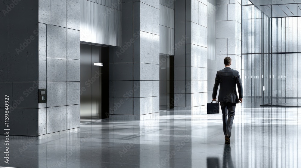 A man in a suit, holding a briefcase, walking through the lobby of a modern office building. The sleek, minimalist design of the lobby reflects a professional corporate environment. This image A man in a suit, holding a briefcase, walking through the lobby of a modern office building. The sleek, minimalist design of the lobby reflects a professional corporate environment. This image