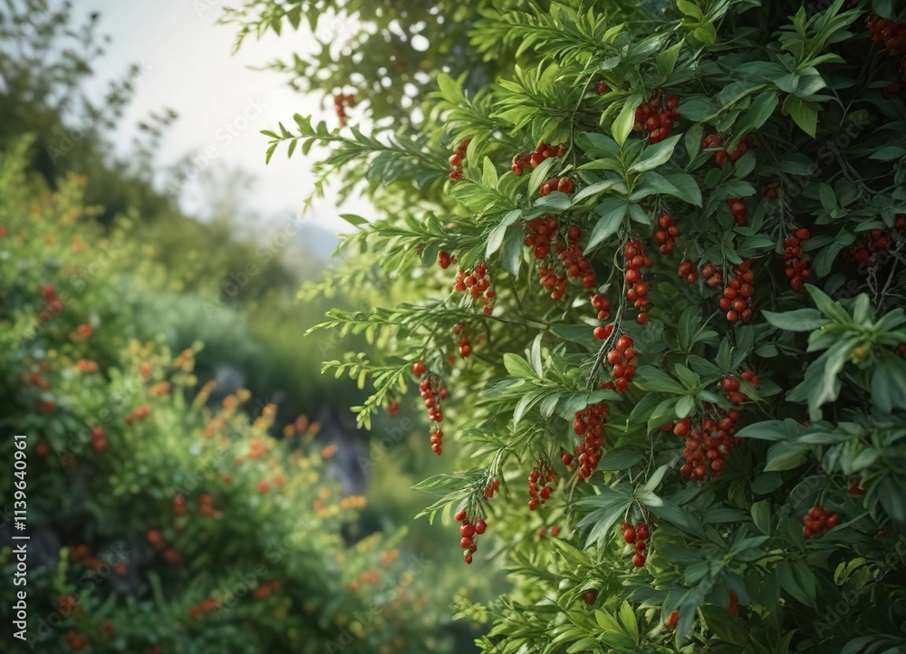 Low-angle view of a dense green bush with many ripe wolfberries hanging from it, landscape, foliage