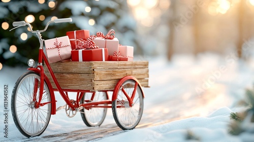 Delivery freight package New Year concept. A red bicycle with a wooden cart carries festive presents in a snowy landscape, illuminated by soft, warm sunlight.
