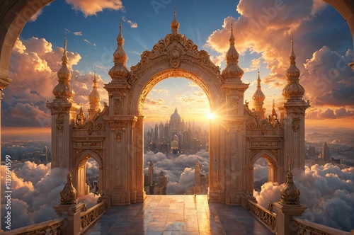 Golden Gateway to a Celestial City at Dawn Majestic Fantasy Architecture