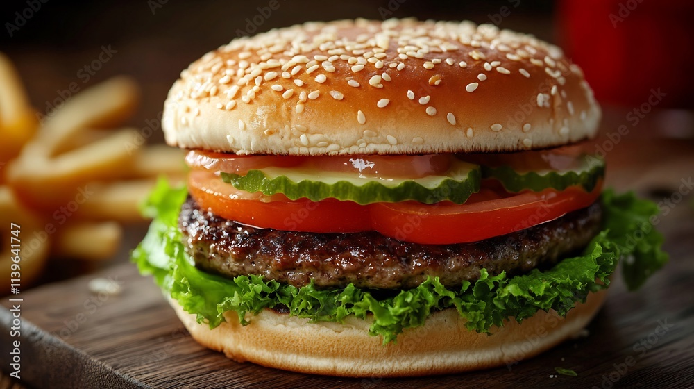 Juicy Burger with Sesame Bun and Fresh Toppings Juicy Burger with Sesame Bun and Fresh Toppings