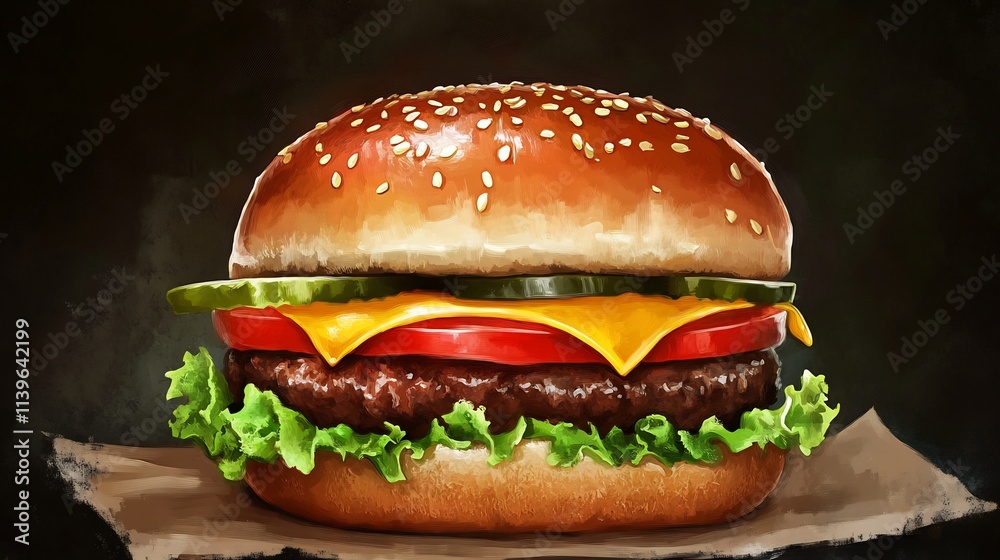 Juicy Burger Delight: A Delicious Painting of a Classic Burger Juicy Burger Delight: A Delicious Painting of a Classic Burger