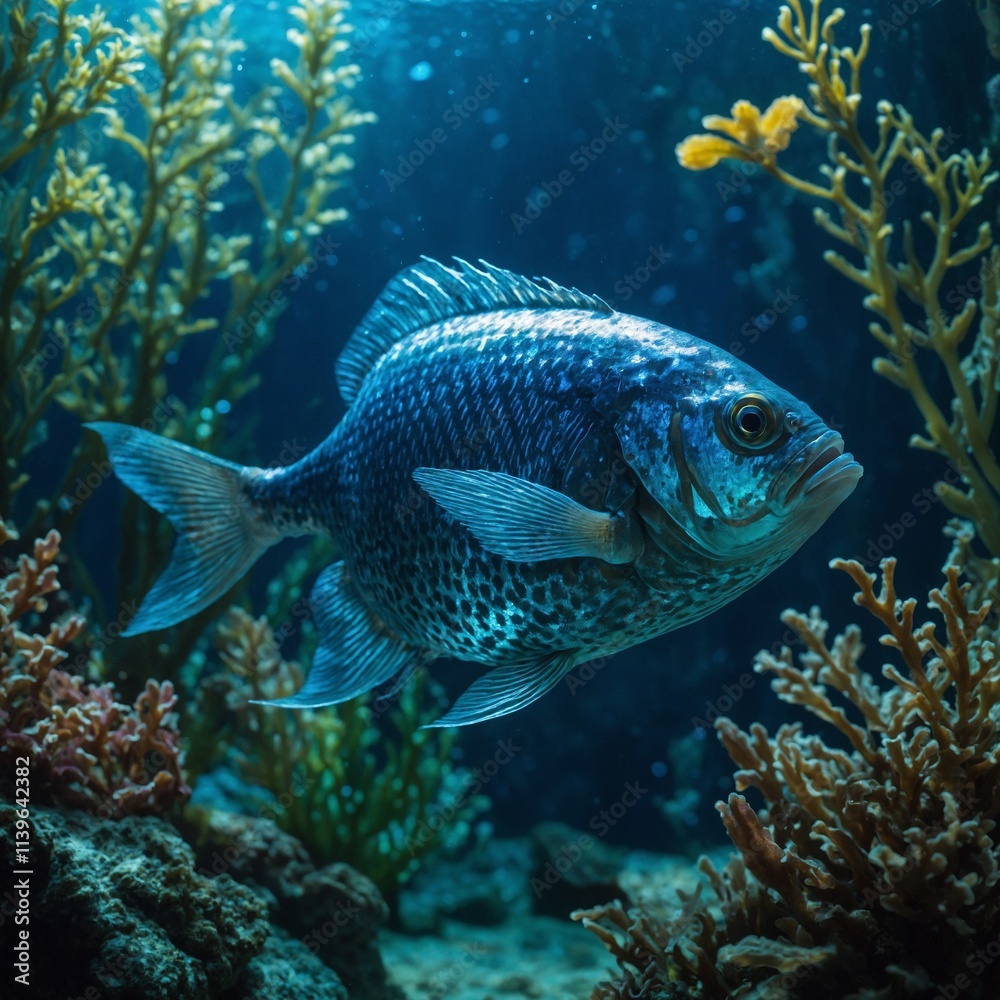 A fish with a glittering mirror cup inside, swimming through a magical underwater garden where radiant plants glow with soft blue light. A fish with a glittering mirror cup inside, swimming through a magical underwater garden where radiant plants glow with soft blue light.