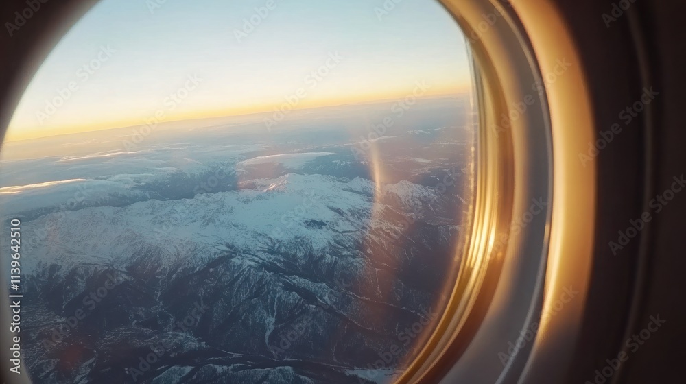 Fototapeta premium View from an airplane window overlooking snowy mountains at sunset.