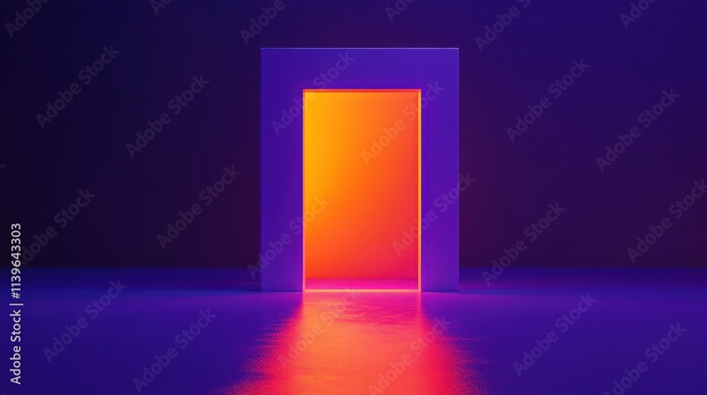 Abstract doorway with vibrant lighting, a glowing orange portal in a purple studio space. Abstract doorway with vibrant lighting, a glowing orange portal in a purple studio space.