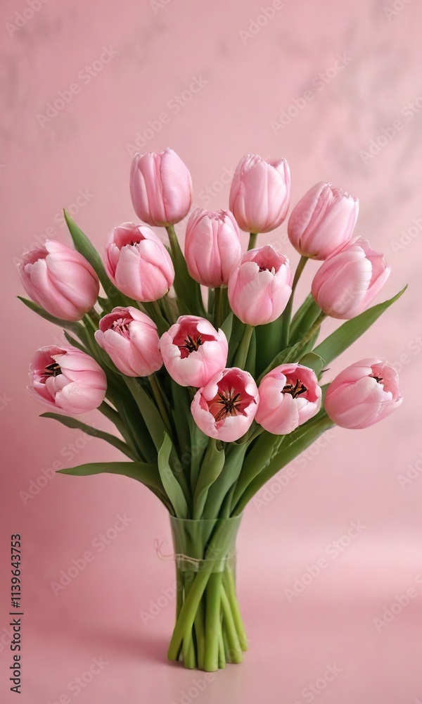 Fototapeta premium Delicate pink tulips arranged in a loose bouquet on a soft pink background , floristry , pink tulips, pink flowers