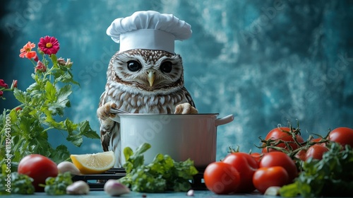 An owl in a chef's hat prepares a meal with vegetables and herbs in a whimsical kitchen setting.