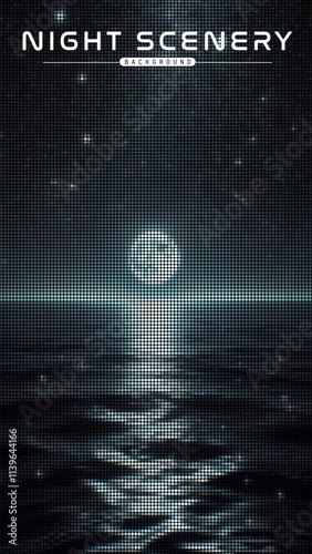Ocean at night, calm ripples in the water with glowing moon reflection over the water, Night scenery vector illustration