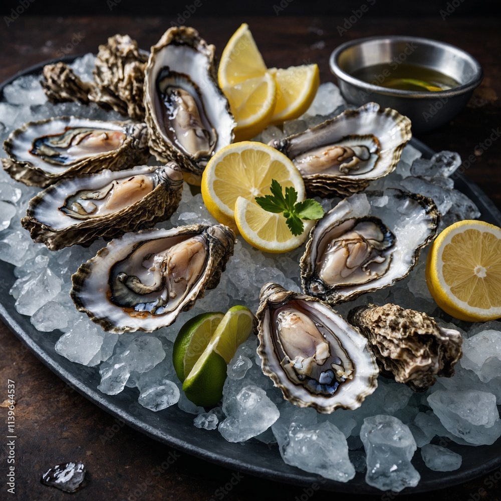 A platter of fresh oysters served on ice with lemon wedges. A platter of fresh oysters served on ice with lemon wedges.