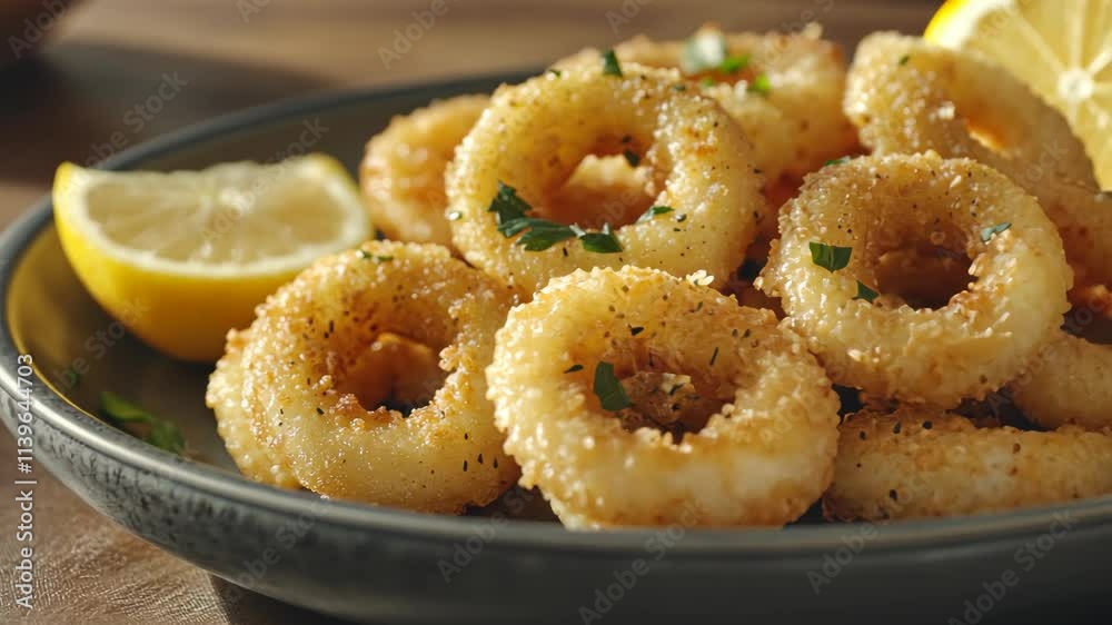 Crispy calamari rings served with lemon wedges on a dark plate at a seafood restaurant Crispy calamari rings served with lemon wedges on a dark plate at a seafood restaurant