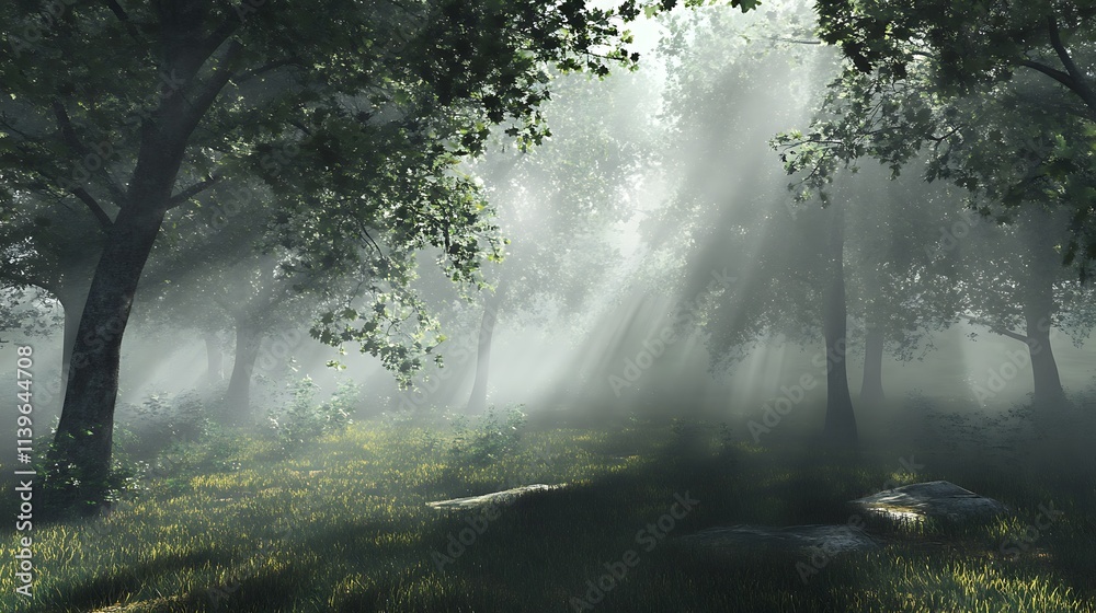 Obraz premium Misty Forest Sunlight. Concept of serenity, nature, and tranquility.