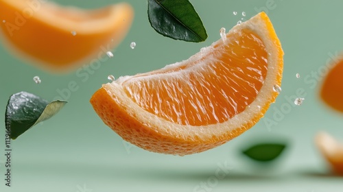 Vibrant orange slices and fresh leaves hover mid-air against a light green background, creating a dynamic and refreshing visual feast.