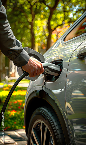 Electric Car Charging Station. Close-up of Hand Inserting Power Connector or Plug. Portrait for Eco Branding, Automotive Blogs, Ads, E-commerce, Social Media, Green Energy Campaigns, Presentations