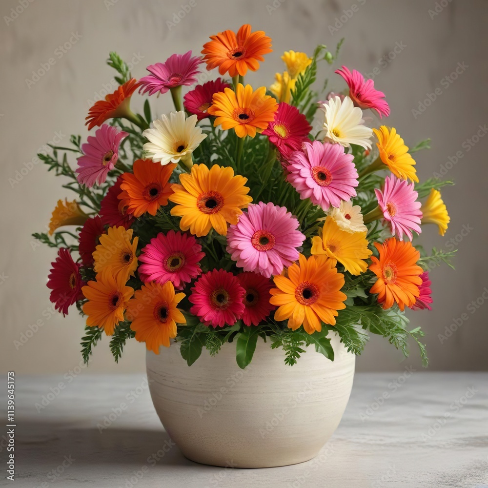 Colorful bouquet of freesia and gerbera daisies in a ceramic pot, gerbera daisies, home decor, ceramic pot Colorful bouquet of freesia and gerbera daisies in a ceramic pot, gerbera daisies, home decor, ceramic pot