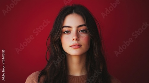 A young woman with a confident stance, her gaze focused forward, with a deep red backdrop that highlights her poised and self-assured demeanor.