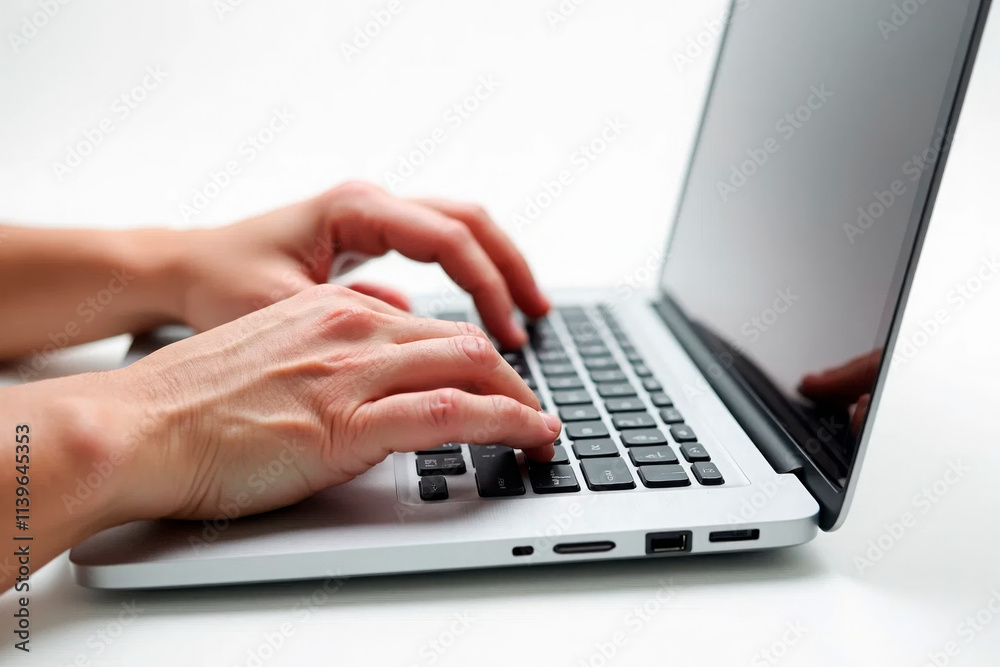 Person typing on a laptop keyboard, side view, symbolizing technology, remote work, freelancing, and online communication. Suitable for concepts like business, education, or digital workplaces. Person typing on a laptop keyboard, side view, symbolizing technology, remote work, freelancing, and online communication. Suitable for concepts like business, education, or digital workplaces.
