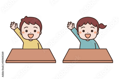 手を挙げる男の子と女の子