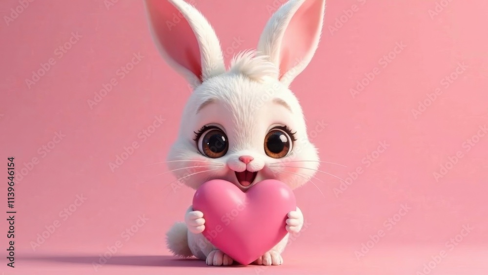 Fototapeta premium Cute bunny holding pink heart on pink background, concept for valentine's day, easter