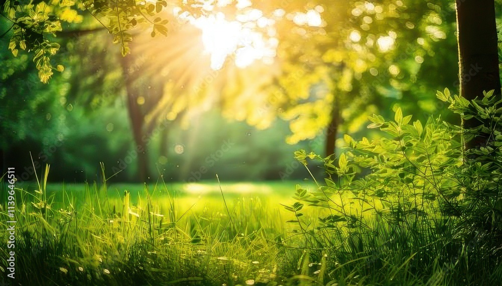 Sunlit Spring Forest Scene Lush Green Grass and Trees Sunlit Spring Forest Scene Lush Green Grass and Trees
