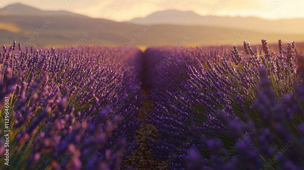 Obraz premium A picturesque lavender field with fragrant purple blooms swaying in the breeze, ideal for nature lovers and photographers.