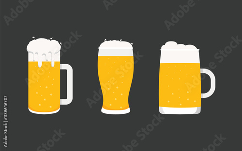 Different types beer glasses and mugs set. Various types of beer in glasses. Color flat vector illustration.