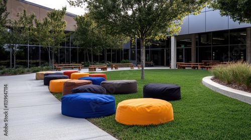 Bright and playful bean bags dot the vibrant outdoor space, inviting relaxation and joyful leisure in a lush, sunny garden.