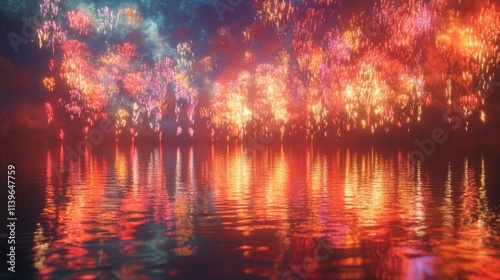 Fireworks exploding in a spectacular array of colors above the water, with glowing reflections rippling across the calm surface.