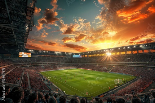 Ultra Hd Visual of Fans Anticipating Soccer Match Under Vibrant Sunset Sky
